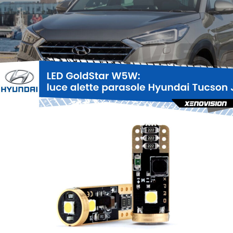 0 Luce Alette Parasole LED Hyundai Tucson JM 2004 - 2010: T10 GoldStar <strong>Luce Alette Parasole LED Hyundai Tucson</strong> JM 2004 - 2010: ottima luminosità a 360 gradi. Si inseriscono ovunque. Canbus, Top Quality.