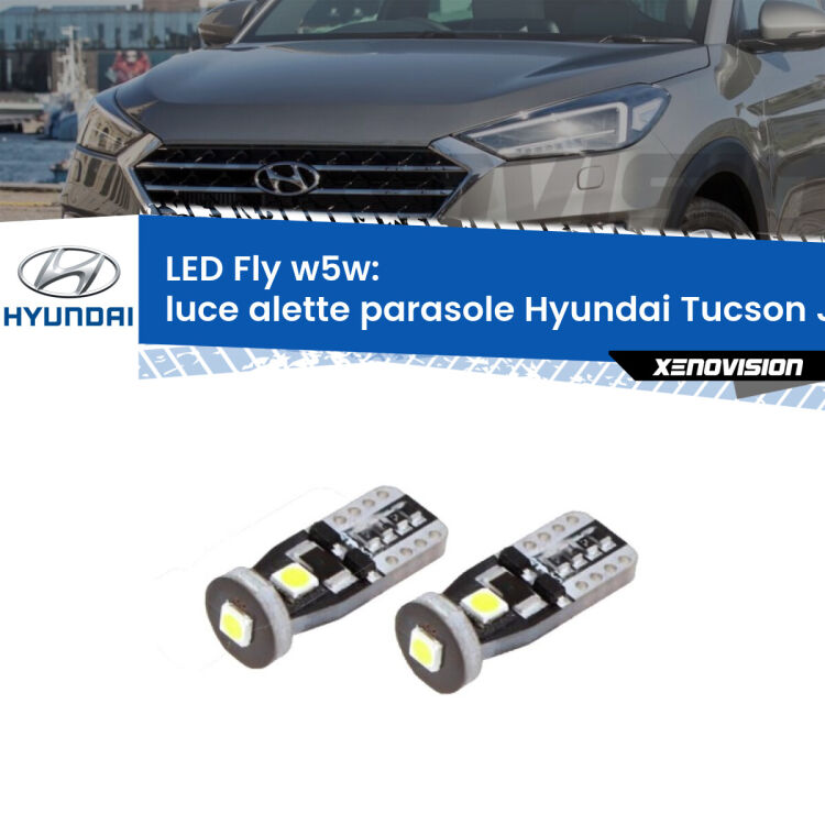 0 Luce Alette Parasole LED Hyundai Tucson JM 2004 - 2010: W5W Fly <strong>luce alette parasole LED per Hyundai Tucson</strong> JM 2004 - 2010. Coppia lampadine <strong>w5w</strong> Canbus compatte modello Fly Xenovision.