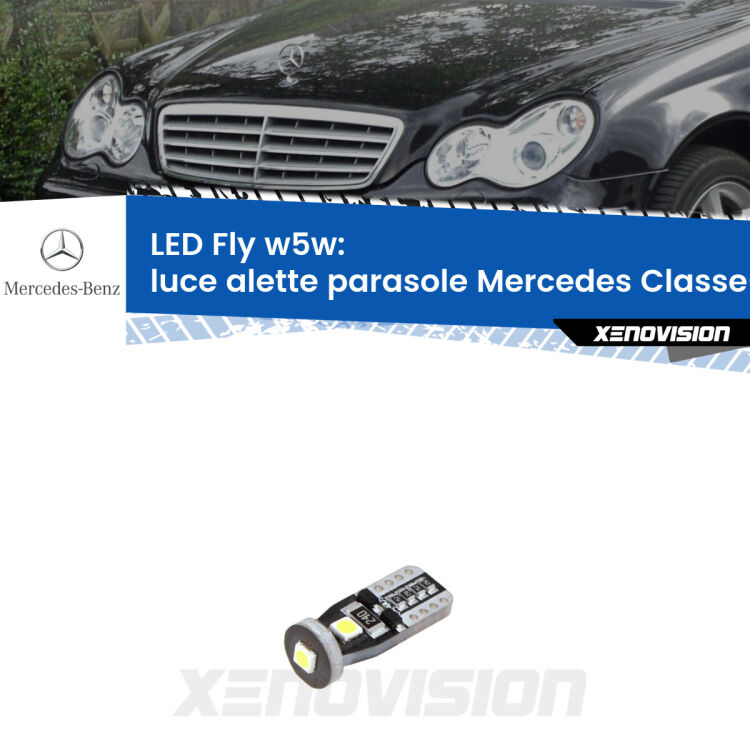<strong>luce alette parasole LED per Mercedes Classe-C</strong> W203 2000 - 2007. Coppia lampadine <strong>w5w</strong> Canbus compatte modello Fly Xenovision.