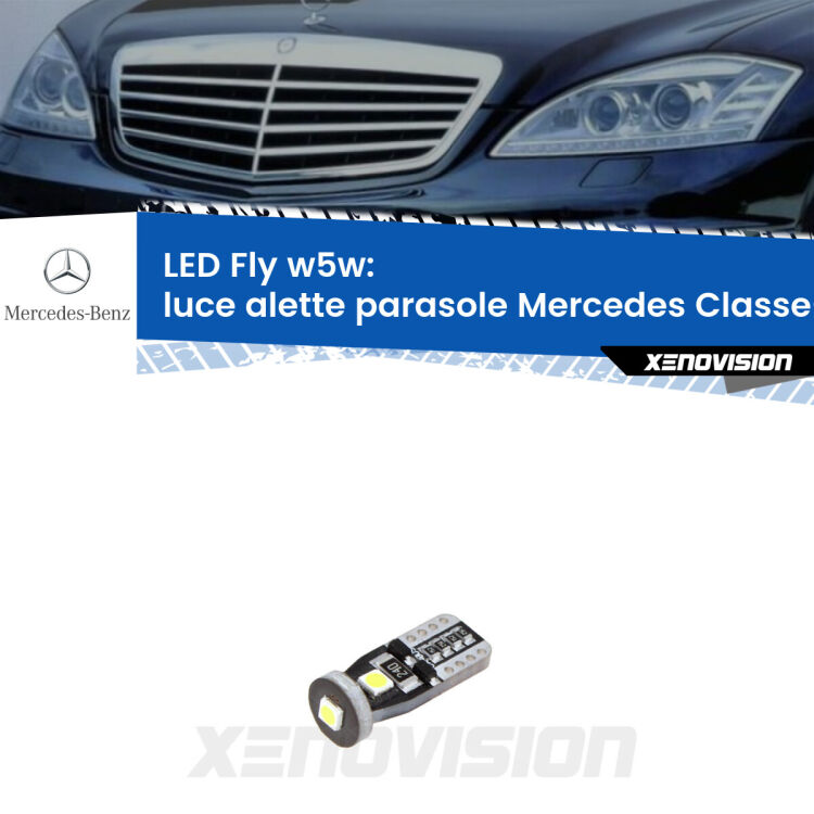 <strong>luce alette parasole LED per Mercedes Classe-S</strong> W221 2005 - 2013. Coppia lampadine <strong>w5w</strong> Canbus compatte modello Fly Xenovision.