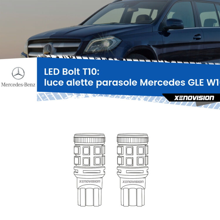 0 Luce Alette Parasole LED Mercedes GLE W166 2015 - 2018: T10 Bolt <strong>Luce Alette Parasole LED per Mercedes GLE</strong> W166 2015 - 2018. Coppia lampade <strong>T10</strong> modello Bolt canbus.