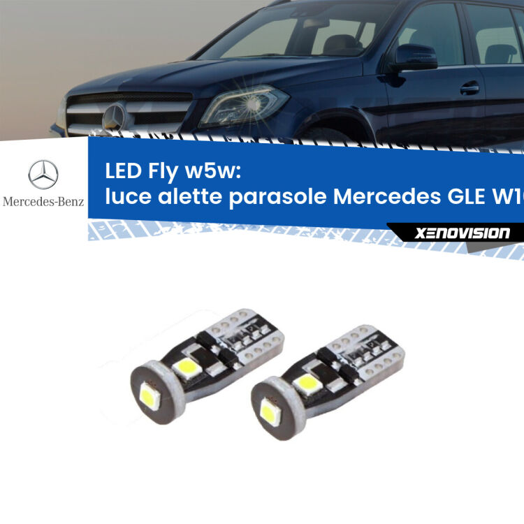 0 Luce Alette Parasole LED Mercedes GLE W166 2015 - 2018: W5W Fly <strong>luce alette parasole LED per Mercedes GLE</strong> W166 2015 - 2018. Coppia lampadine <strong>w5w</strong> Canbus compatte modello Fly Xenovision.