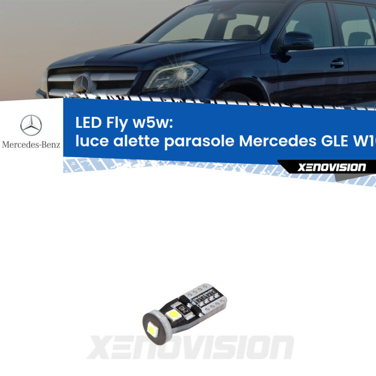 <strong>luce alette parasole LED per Mercedes GLE</strong> W166 2015 - 2018. Coppia lampadine <strong>w5w</strong> Canbus compatte modello Fly Xenovision.
