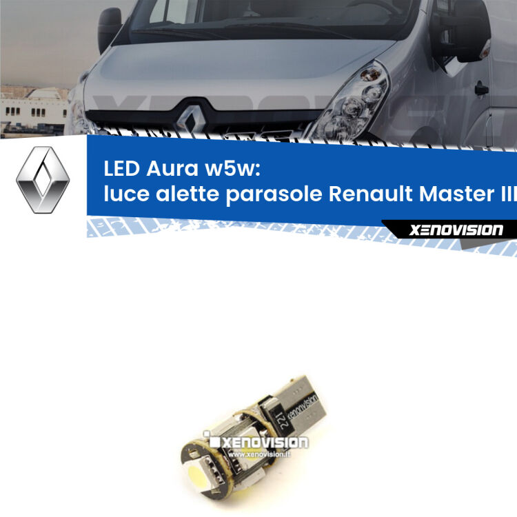 Luce Alette Parasole LED per Renault Master III Mk3 2010 in poi: Aura w5w <strong>LED luce alette parasole w5w per Renault Master III</strong> Mk3 2010 in poi. Una lampadina <strong>w5w</strong> canbus luce bianca 6000k modello Aura Xenovision.