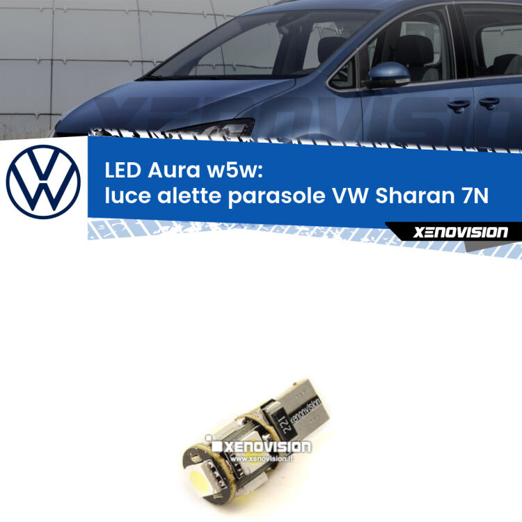 <strong>LED luce alette parasole w5w per VW Sharan</strong> 7N 2010 - 2019. Una lampadina <strong>w5w</strong> canbus luce bianca 6000k modello Aura Xenovision.