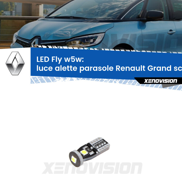 <strong>luce alette parasole LED per Renault Grand scenic III</strong> Mk3 2009 - 2015. Coppia lampadine <strong>w5w</strong> Canbus compatte modello Fly Xenovision.