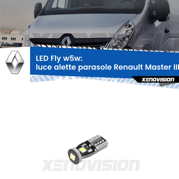 <strong>luce alette parasole LED per Renault Master III</strong> Mk3 2010 in poi. Coppia lampadine <strong>w5w</strong> Canbus compatte modello Fly Xenovision.