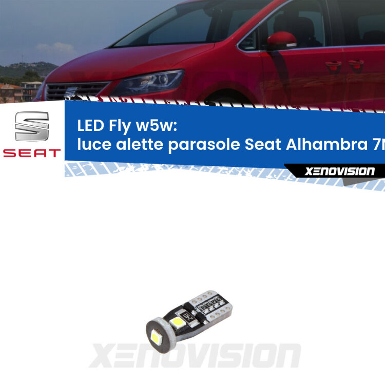 <strong>luce alette parasole LED per Seat Alhambra</strong> 7N 2010 in poi. Coppia lampadine <strong>w5w</strong> Canbus compatte modello Fly Xenovision.