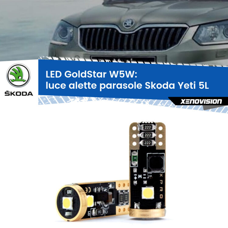 0 Luce Alette Parasole LED Skoda Yeti 5L 2009 - 2017: T10 GoldStar <strong>Luce Alette Parasole LED Skoda Yeti</strong> 5L 2009 - 2017: ottima luminosità a 360 gradi. Si inseriscono ovunque. Canbus, Top Quality.