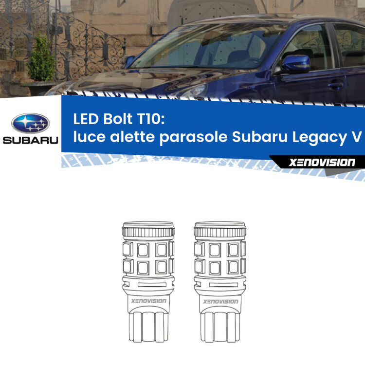 0 Luce Alette Parasole LED Subaru Legacy V Mk5 2009 - 2013: T10 Bolt <strong>Luce Alette Parasole LED per Subaru Legacy V</strong> Mk5 2009 - 2013. Coppia lampade <strong>T10</strong> modello Bolt canbus.