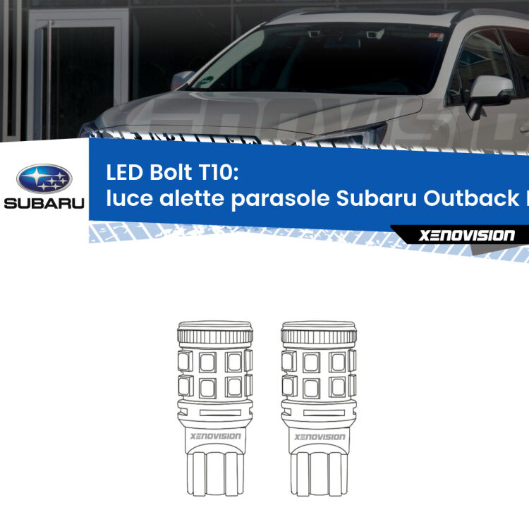 0 Luce Alette Parasole LED Subaru Outback BS 2014 in poi: T10 Bolt <strong>Luce Alette Parasole LED per Subaru Outback</strong> BS 2014 in poi. Coppia lampade <strong>T10</strong> modello Bolt canbus.