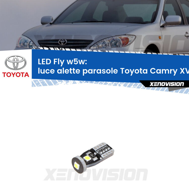 <strong>luce alette parasole LED per Toyota Camry</strong> XV70 2017 in poi. Coppia lampadine <strong>w5w</strong> Canbus compatte modello Fly Xenovision.