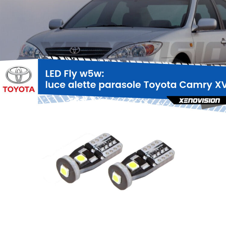 0 Luce Alette Parasole LED Toyota Camry XV70 2017 in poi: W5W Fly <strong>luce alette parasole LED per Toyota Camry</strong> XV70 2017 in poi. Coppia lampadine <strong>w5w</strong> Canbus compatte modello Fly Xenovision.