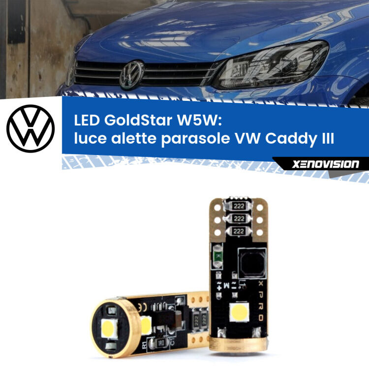 0 Luce Alette Parasole LED VW Caddy III 2004 - 2015: T10 GoldStar <strong>Luce Alette Parasole LED VW Caddy III</strong> 2004 - 2015: ottima luminosità a 360 gradi. Si inseriscono ovunque. Canbus, Top Quality.