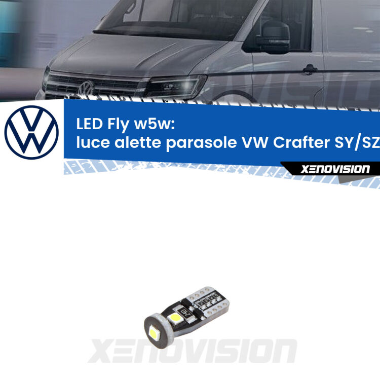 <strong>luce alette parasole LED per VW Crafter</strong> SY/SZ 2016 in poi. Coppia lampadine <strong>w5w</strong> Canbus compatte modello Fly Xenovision.
