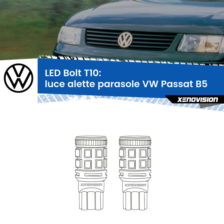 0 Luce Alette Parasole LED VW Passat B5 1996 - 2000: T10 Bolt <strong>Luce Alette Parasole LED per VW Passat</strong> B5 1996 - 2000. Coppia lampade <strong>T10</strong> modello Bolt canbus.