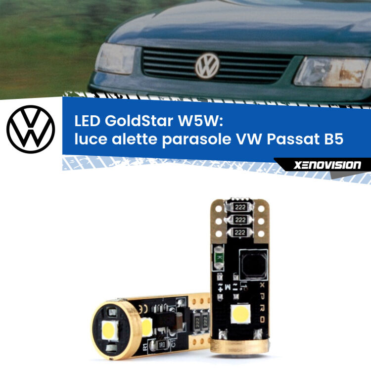 0 Luce Alette Parasole LED VW Passat B5 1996 - 2000: T10 GoldStar <strong>Luce Alette Parasole LED VW Passat</strong> B5 1996 - 2000: ottima luminosità a 360 gradi. Si inseriscono ovunque. Canbus, Top Quality.