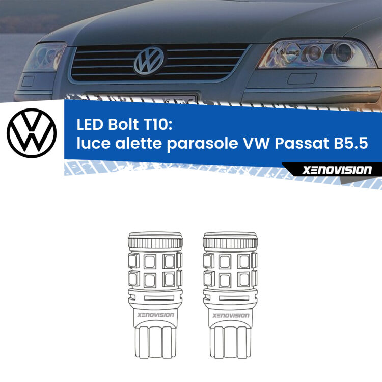 0 Luce Alette Parasole LED VW Passat B5.5 2000 - 2005: T10 Bolt <strong>Luce Alette Parasole LED per VW Passat</strong> B5.5 2000 - 2005. Coppia lampade <strong>T10</strong> modello Bolt canbus.