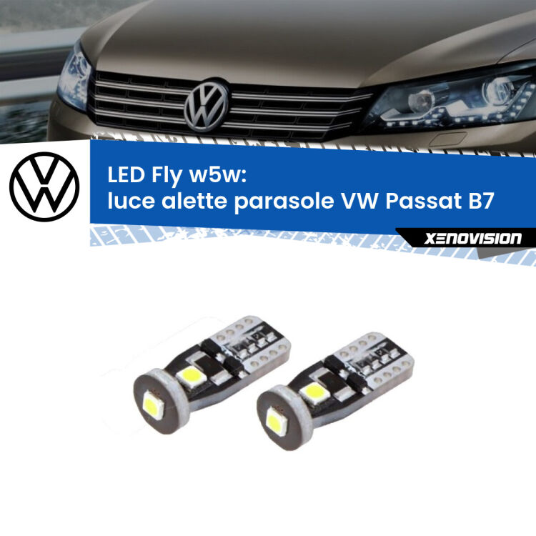 0 Luce Alette Parasole LED VW Passat B7 2010 - 2014: W5W Fly <strong>luce alette parasole LED per VW Passat</strong> B7 2010 - 2014. Coppia lampadine <strong>w5w</strong> Canbus compatte modello Fly Xenovision.