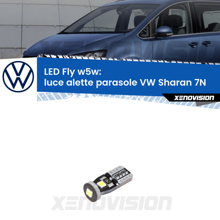 <strong>luce alette parasole LED per VW Sharan</strong> 7N 2010 - 2019. Coppia lampadine <strong>w5w</strong> Canbus compatte modello Fly Xenovision.