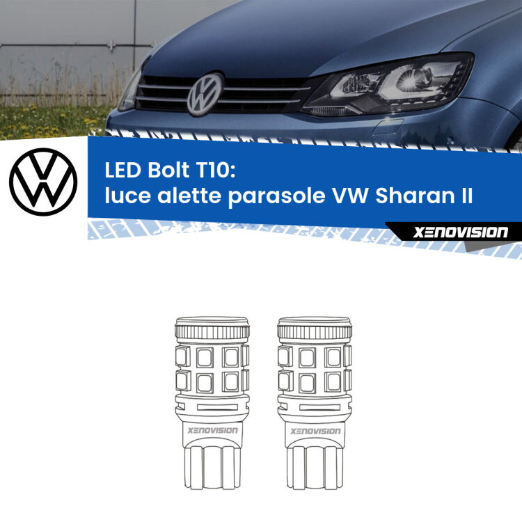 0 Luce Alette Parasole LED VW Sharan II 2010 - 2019: T10 Bolt <strong>Luce Alette Parasole LED per VW Sharan</strong> II 2010 - 2019. Coppia lampade <strong>T10</strong> modello Bolt canbus.