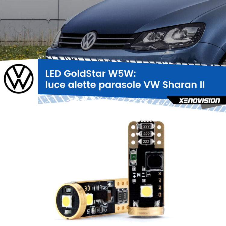 0 Luce Alette Parasole LED VW Sharan II 2010 - 2019: T10 GoldStar <strong>Luce Alette Parasole LED VW Sharan</strong> II 2010 - 2019: ottima luminosità a 360 gradi. Si inseriscono ovunque. Canbus, Top Quality.