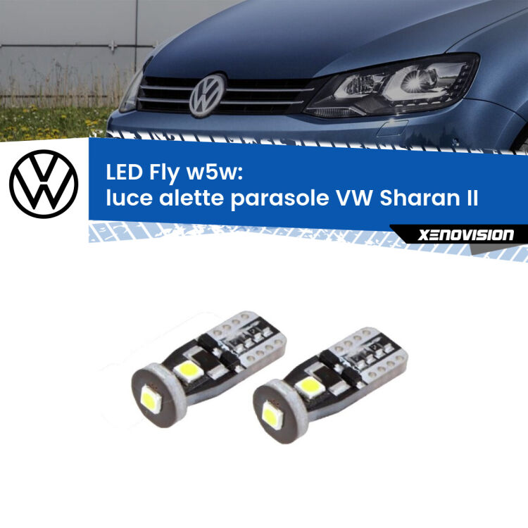 0 Luce Alette Parasole LED VW Sharan II 2010 - 2019: W5W Fly <strong>luce alette parasole LED per VW Sharan</strong> II 2010 - 2019. Coppia lampadine <strong>w5w</strong> Canbus compatte modello Fly Xenovision.