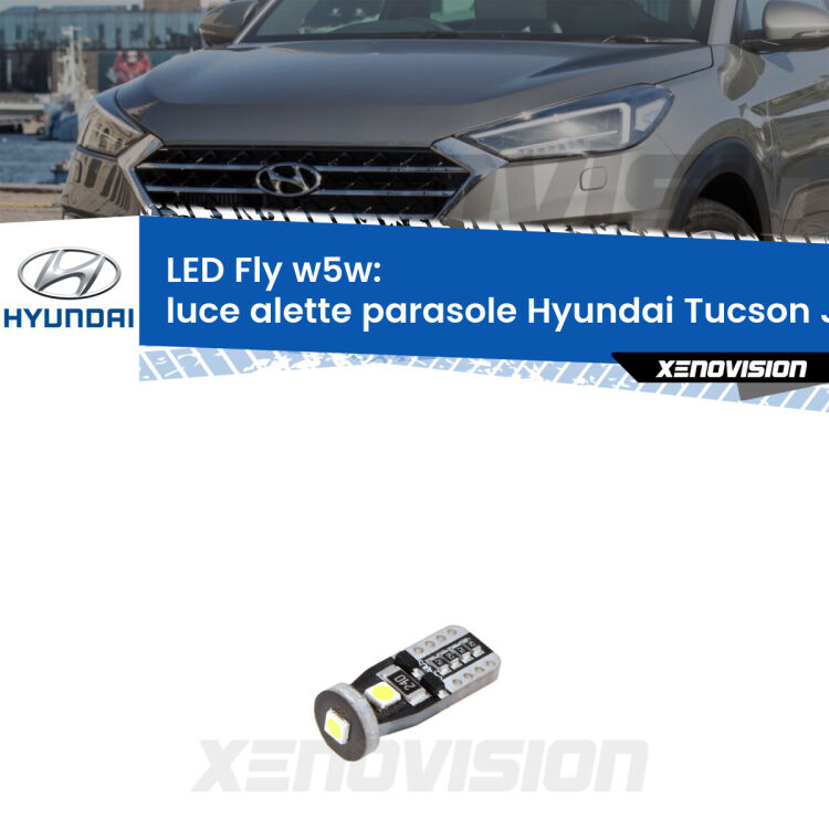 <strong>luce alette parasole LED per Hyundai Tucson</strong> JM 2004 - 2010. Coppia lampadine <strong>w5w</strong> Canbus compatte modello Fly Xenovision.