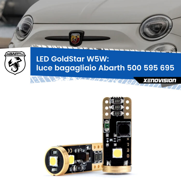 0 Luce Bagagliaio LED Abarth 500 595 695 2008 - 2022: T10 GoldStar <strong>Luce Bagagliaio LED Abarth 500 595 695</strong> 2008 - 2022: ottima luminosità a 360 gradi. Si inseriscono ovunque. Canbus, Top Quality.