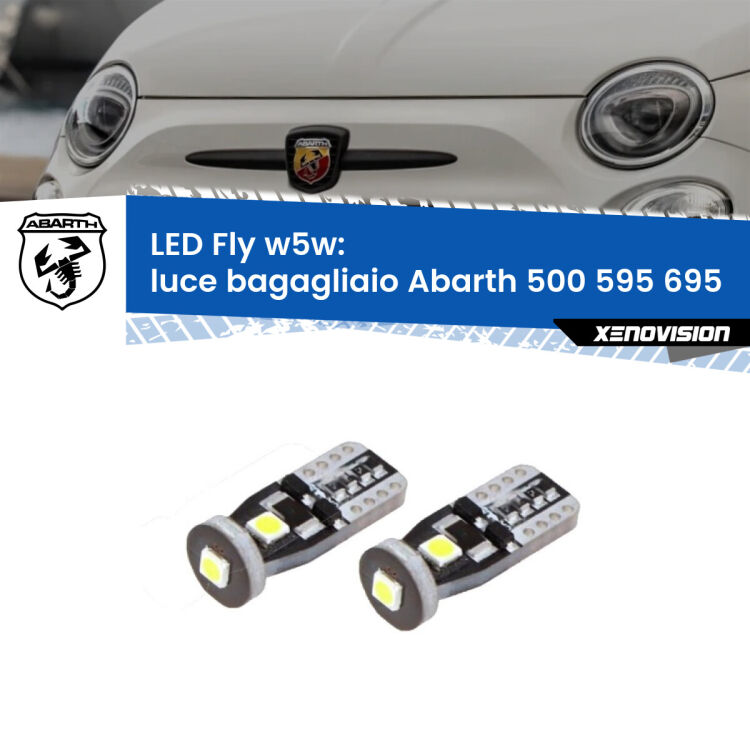 0 Luce Bagagliaio LED Abarth 500 595 695 2008 - 2022: W5W Fly <strong>luce bagagliaio LED per Abarth 500 595 695</strong> 2008 - 2022. Coppia lampadine <strong>w5w</strong> Canbus compatte modello Fly Xenovision.