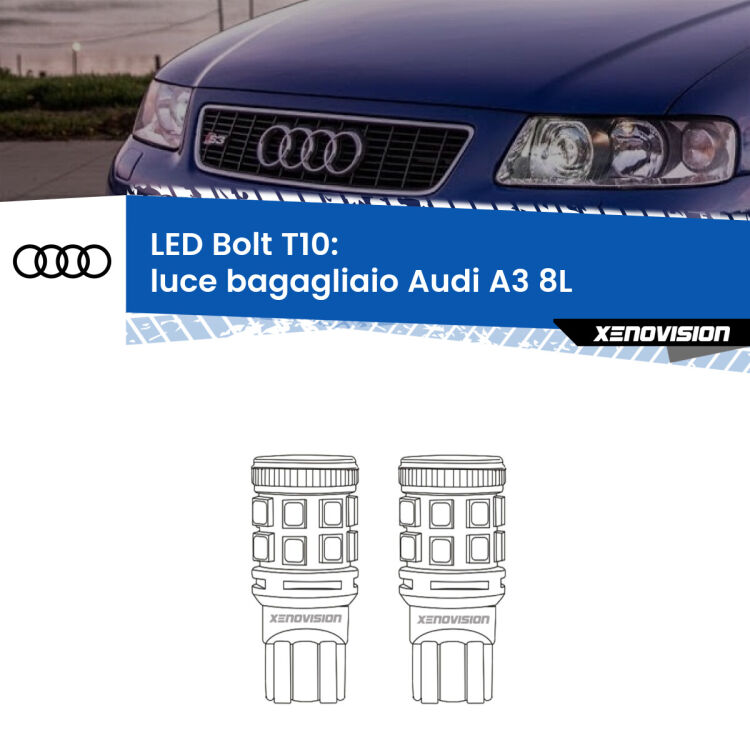 0 Luce Bagagliaio LED Audi A3 8L 1996 - 2003: T10 Bolt <strong>Luce Bagagliaio LED per Audi A3</strong> 8L 1996 - 2003. Coppia lampade <strong>T10</strong> modello Bolt canbus.