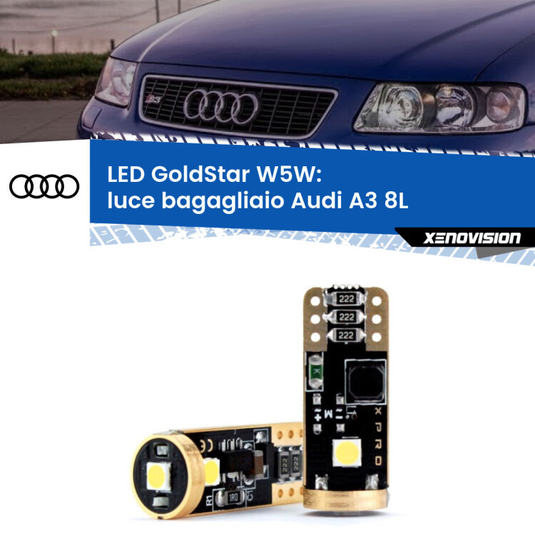 0 Luce Bagagliaio LED Audi A3 8L 1996 - 2003: T10 GoldStar <strong>Luce Bagagliaio LED Audi A3</strong> 8L 1996 - 2003: ottima luminosità a 360 gradi. Si inseriscono ovunque. Canbus, Top Quality.