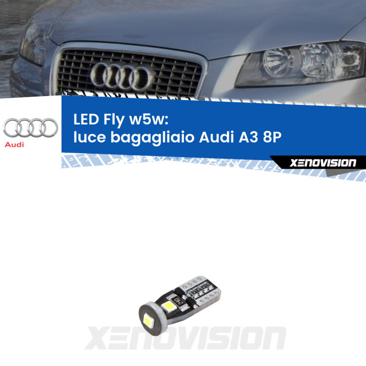 <strong>luce bagagliaio LED per Audi A3</strong> 8P 2003 - 2012. Coppia lampadine <strong>w5w</strong> Canbus compatte modello Fly Xenovision.