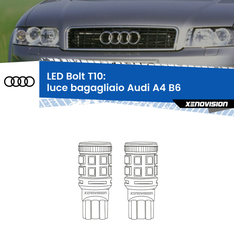 0 Luce Bagagliaio LED Audi A4 B6 2000 - 2004: T10 Bolt <strong>Luce Bagagliaio LED per Audi A4</strong> B6 2000 - 2004. Coppia lampade <strong>T10</strong> modello Bolt canbus.