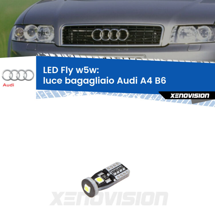 <strong>luce bagagliaio LED per Audi A4</strong> B6 2000 - 2004. Coppia lampadine <strong>w5w</strong> Canbus compatte modello Fly Xenovision.