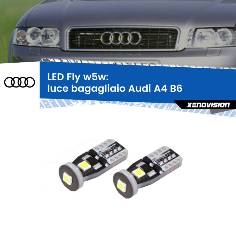 0 Luce Bagagliaio LED Audi A4 B6 2000 - 2004: W5W Fly <strong>luce bagagliaio LED per Audi A4</strong> B6 2000 - 2004. Coppia lampadine <strong>w5w</strong> Canbus compatte modello Fly Xenovision.