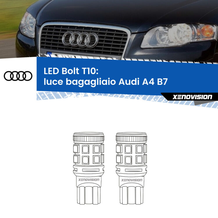 0 Luce Bagagliaio LED Audi A4 B7 2004 - 2008: T10 Bolt <strong>Luce Bagagliaio LED per Audi A4</strong> B7 2004 - 2008. Coppia lampade <strong>T10</strong> modello Bolt canbus.
