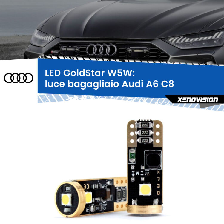 0 Luce Bagagliaio LED Audi A6 C8 2018 in poi: T10 GoldStar <strong>Luce Bagagliaio LED Audi A6</strong> C8 2018 in poi: ottima luminosità a 360 gradi. Si inseriscono ovunque. Canbus, Top Quality.