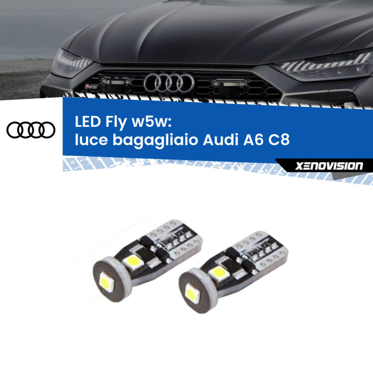 0 Luce Bagagliaio LED Audi A6 C8 2018 in poi: W5W Fly <strong>luce bagagliaio LED per Audi A6</strong> C8 2018 in poi. Coppia lampadine <strong>w5w</strong> Canbus compatte modello Fly Xenovision.