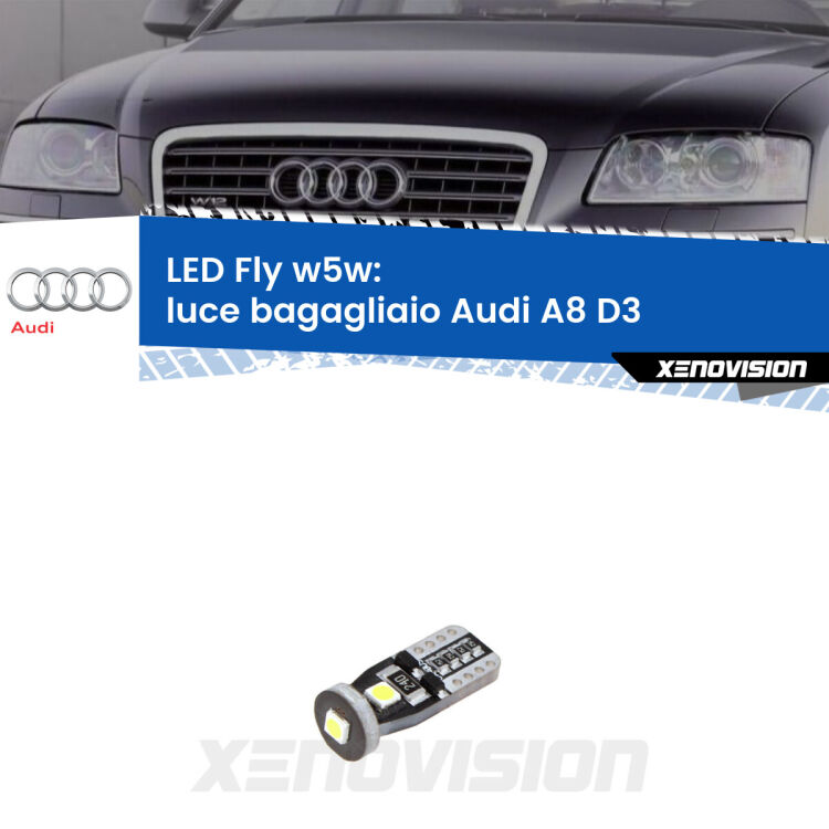 <strong>luce bagagliaio LED per Audi A8</strong> D3 2002 - 2009. Coppia lampadine <strong>w5w</strong> Canbus compatte modello Fly Xenovision.