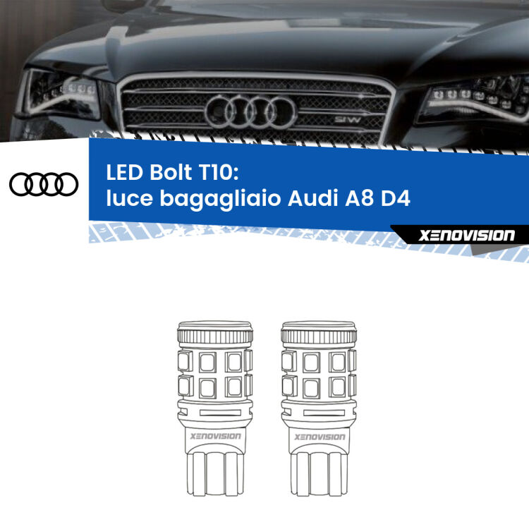 0 Luce Bagagliaio LED Audi A8 D4 2009 - 2018: T10 Bolt <strong>Luce Bagagliaio LED per Audi A8</strong> D4 2009 - 2018. Coppia lampade <strong>T10</strong> modello Bolt canbus.