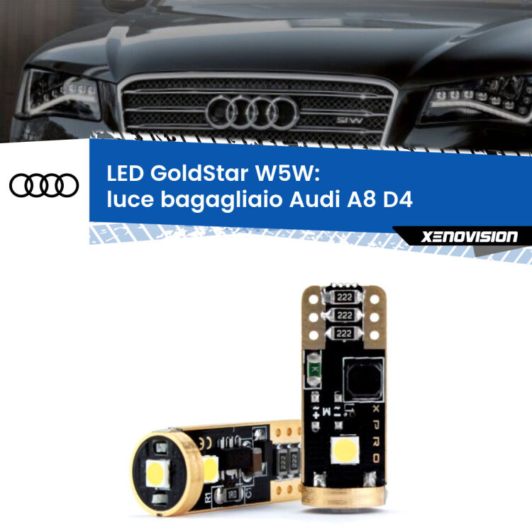 0 Luce Bagagliaio LED Audi A8 D4 2009 - 2018: T10 GoldStar <strong>Luce Bagagliaio LED Audi A8</strong> D4 2009 - 2018: ottima luminosità a 360 gradi. Si inseriscono ovunque. Canbus, Top Quality.