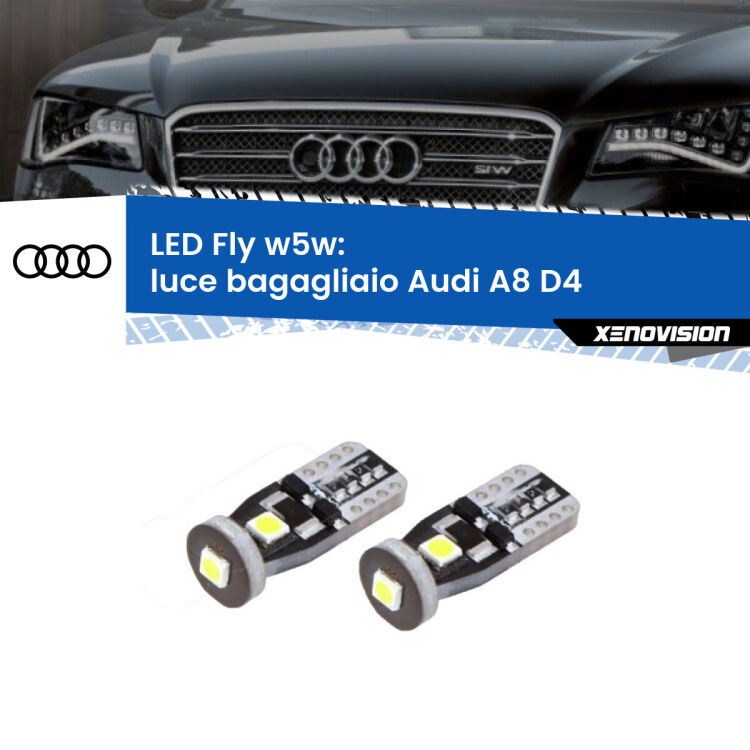 0 Luce Bagagliaio LED Audi A8 D4 2009 - 2018: W5W Fly <strong>luce bagagliaio LED per Audi A8</strong> D4 2009 - 2018. Coppia lampadine <strong>w5w</strong> Canbus compatte modello Fly Xenovision.