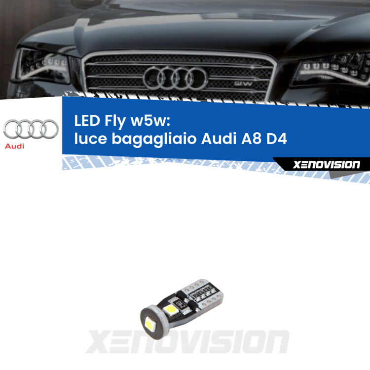 <strong>luce bagagliaio LED per Audi A8</strong> D4 2009 - 2018. Coppia lampadine <strong>w5w</strong> Canbus compatte modello Fly Xenovision.