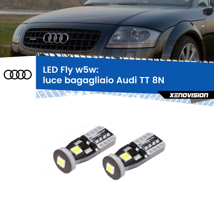 0 Luce Bagagliaio LED Audi TT 8N 1998 - 2006: W5W Fly <strong>luce bagagliaio LED per Audi TT</strong> 8N 1998 - 2006. Coppia lampadine <strong>w5w</strong> Canbus compatte modello Fly Xenovision.