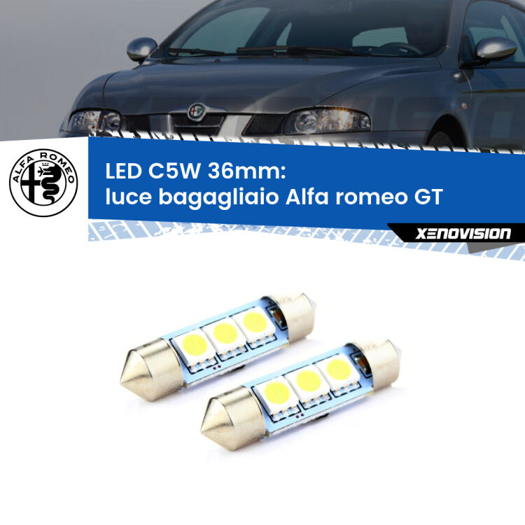 0 Luce Bagagliaio LED c5w 36mm Alfa romeo GT  2003 - 2010 (Coppia) <strong>Luce Bagagliaio LED per Alfa romeo GT</strong>  2003 - 2010. Coppia lampade <strong>C5W</strong> 36mm estremamente longeve.