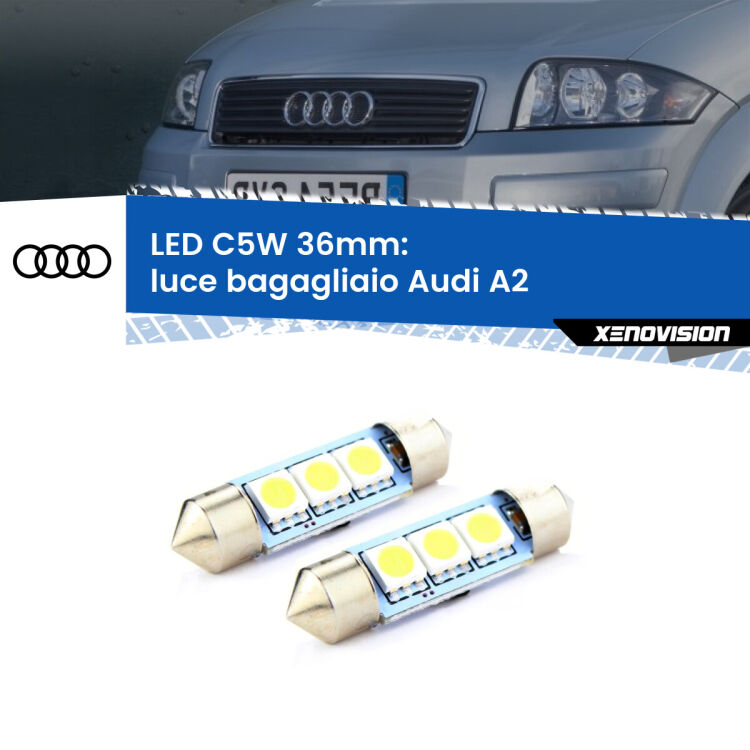 0 Luce Bagagliaio LED c5w 36mm Audi A2 2000 - 2005 (Coppia) <strong>Luce Bagagliaio LED per Audi A2</strong> 2000 - 2005. Coppia lampade <strong>C5W</strong> 36mm estremamente longeve.