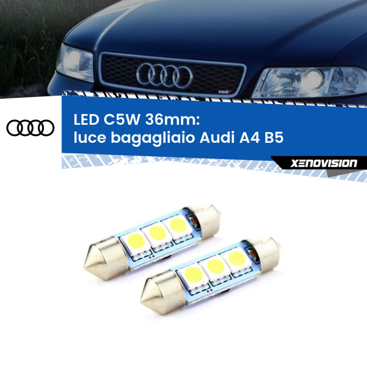 0 Luce Bagagliaio LED c5w 36mm Audi A4 B5 1994 - 2001 (Coppia) <strong>Luce Bagagliaio LED per Audi A4</strong> B5 1994 - 2001. Coppia lampade <strong>C5W</strong> 36mm estremamente longeve.