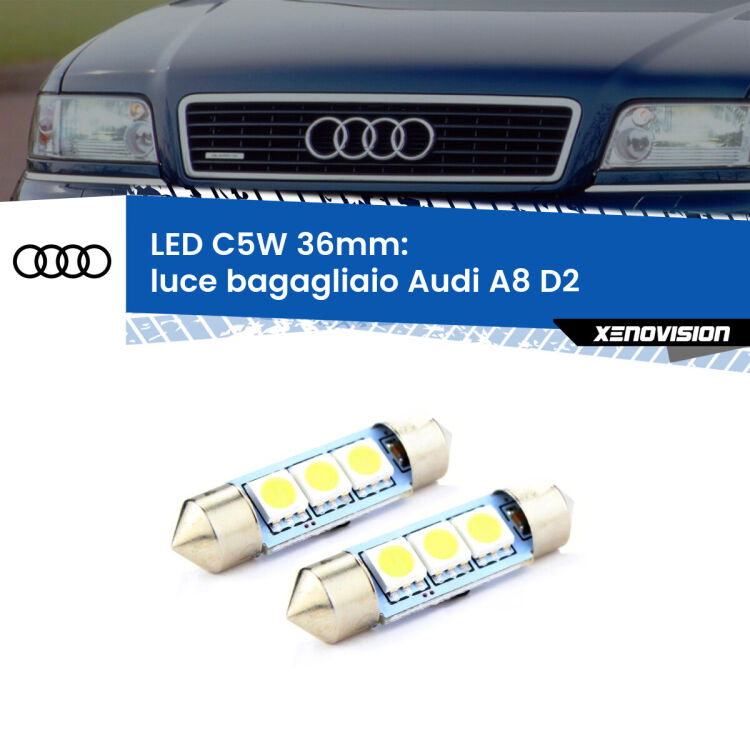 0 Luce Bagagliaio LED c5w 36mm Audi A8 D2 1994 - 2002 (Coppia) <strong>Luce Bagagliaio LED per Audi A8</strong> D2 1994 - 2002. Coppia lampade <strong>C5W</strong> 36mm estremamente longeve.