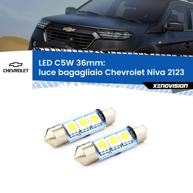 0 Luce Bagagliaio LED c5w 36mm Chevrolet Niva 2123 2002 - 2009 (Coppia) <strong>Luce Bagagliaio LED per Chevrolet Niva</strong> 2123 2002 - 2009. Coppia lampade <strong>C5W</strong> 36mm estremamente longeve.